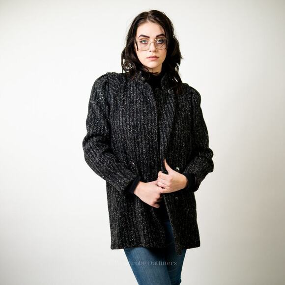 Vintage Custom Tailored Tweed Black Peacoat - M - Picture 9 of 12